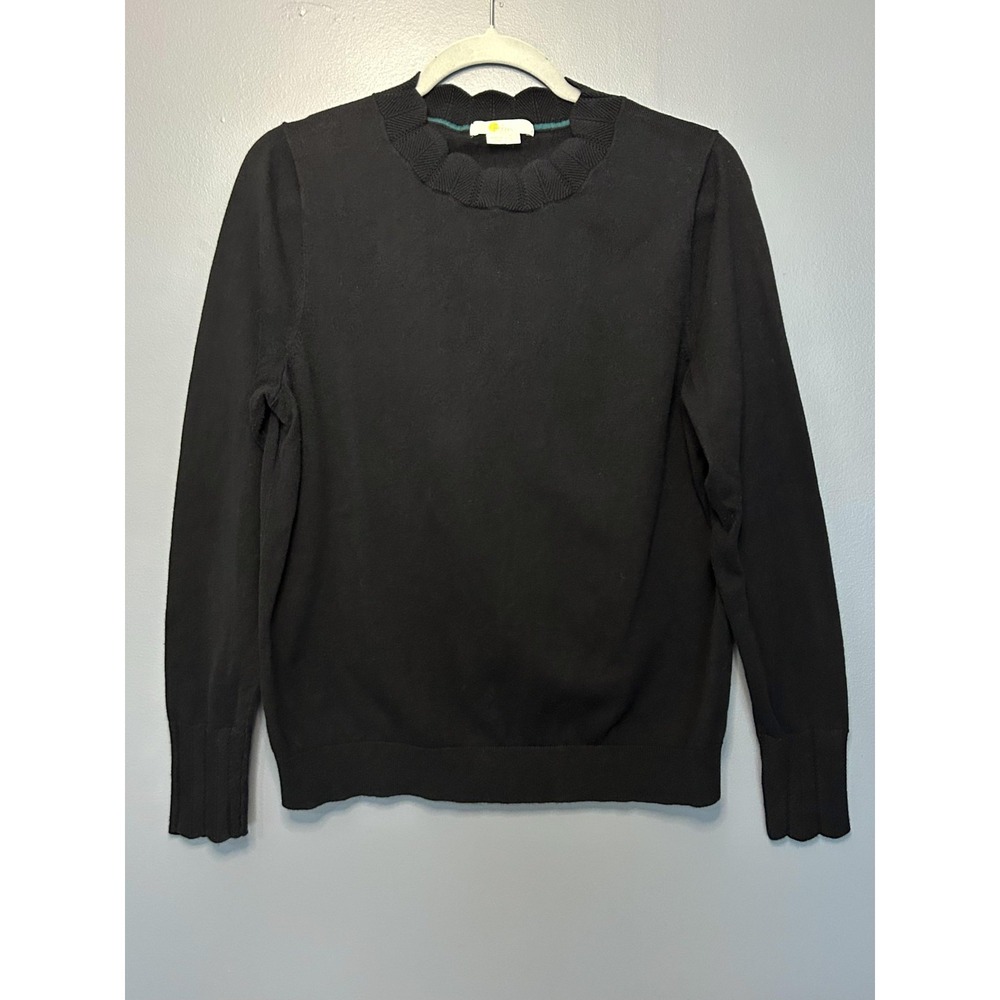 Boden Sweater Womens 12 Black Crochet Scallop Trim Crew Neck Long Sleeve Knit